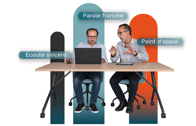 Échange entre un consultant Optimum Gestion et un dirigeant, avec les notions d’écoute sincère, parole franche et point d’appui